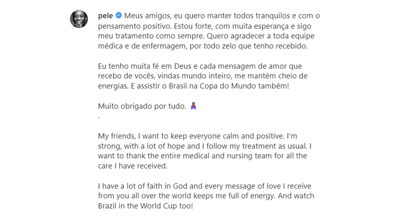 Pelé diz estar forte e com muita esperança